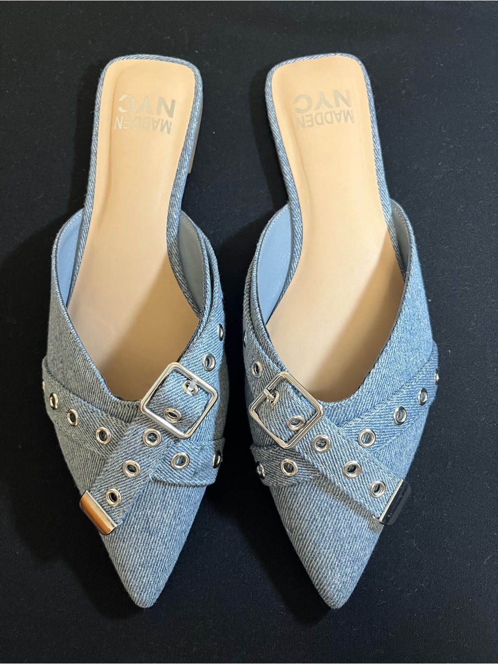 Madden NYC Light Blue Denim Pointed Mule with Buckle Detail